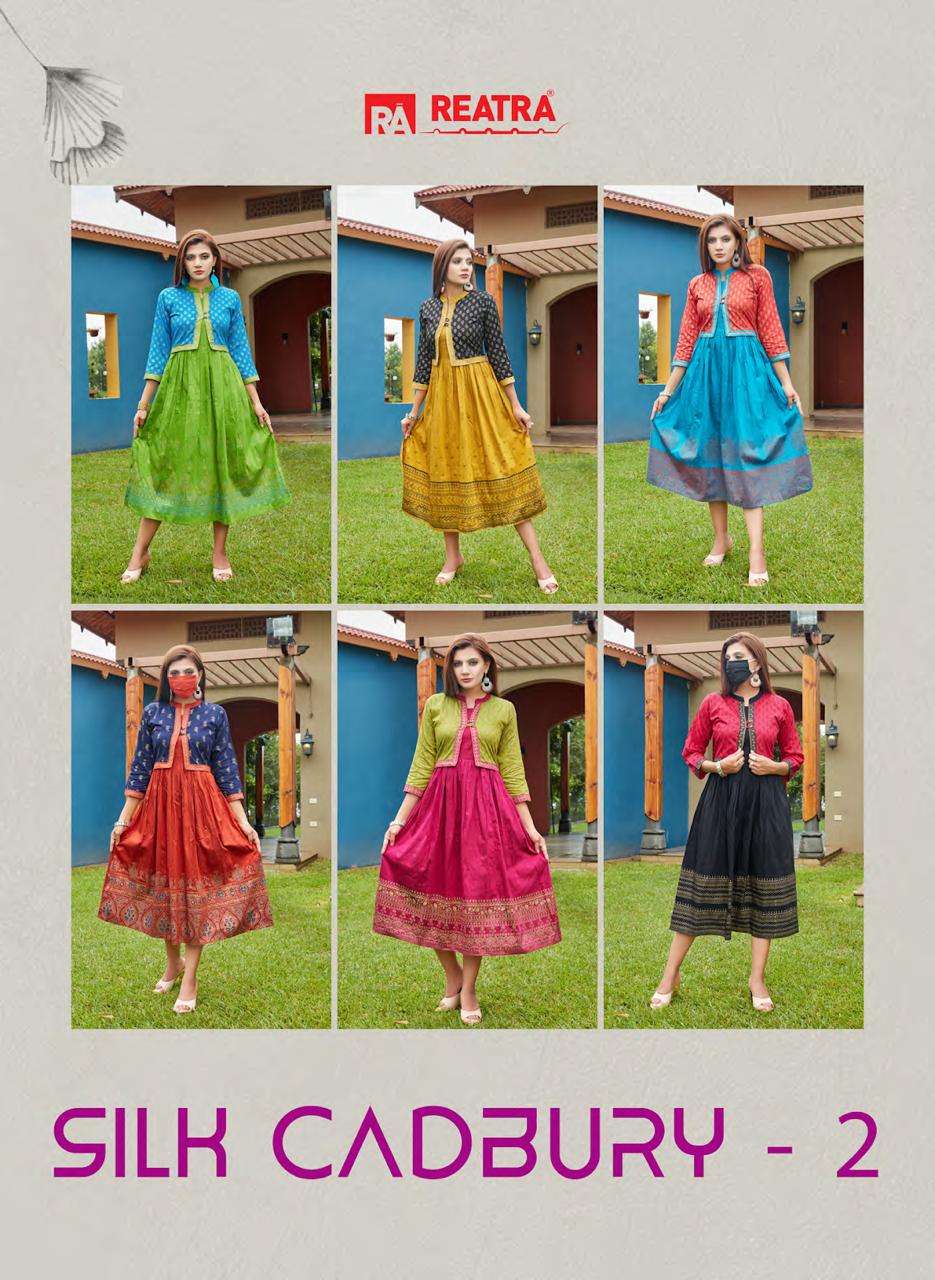 SILK CADBURY VOL-2 BY REATRA 01 TO 06 SERIES DESIGNER STYLISH FANCY COLORFUL BEAUTIFUL PARTY WEAR & ETHNIC WEAR COLLECTION SILK KURTIS WITH JACKET AT WHOLESALE PRICE