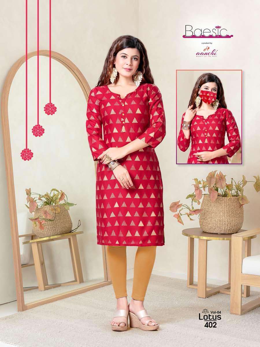 LOTUS VOL-4 BY BAESIC 401 TO 406 SERIES DESIGNER STYLISH FANCY COLORFUL BEAUTIFUL PARTY WEAR & ETHNIC WEAR COLLECTION RAYON KURTIS AT WHOLESALE PRICE