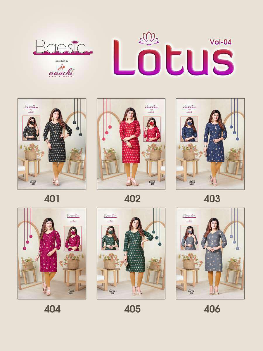 LOTUS VOL-4 BY BAESIC 401 TO 406 SERIES DESIGNER STYLISH FANCY COLORFUL BEAUTIFUL PARTY WEAR & ETHNIC WEAR COLLECTION RAYON KURTIS AT WHOLESALE PRICE