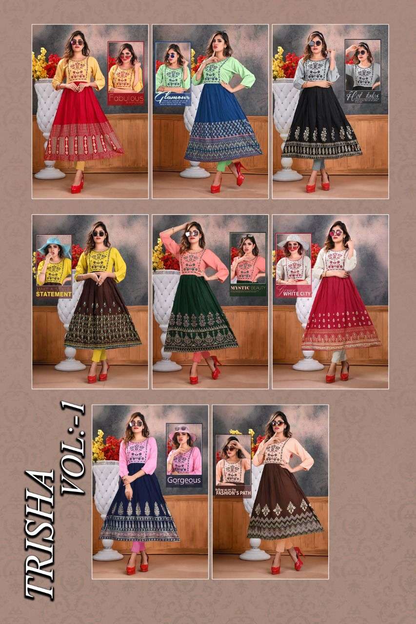 TRISHA VOL-1 BY TRENDY 01 TO 08 SERIES DESIGNER STYLISH FANCY COLORFUL BEAUTIFUL PARTY WEAR & ETHNIC WEAR COLLECTION RAYON EMBROIDERY KURTIS AT WHOLESALE PRICE