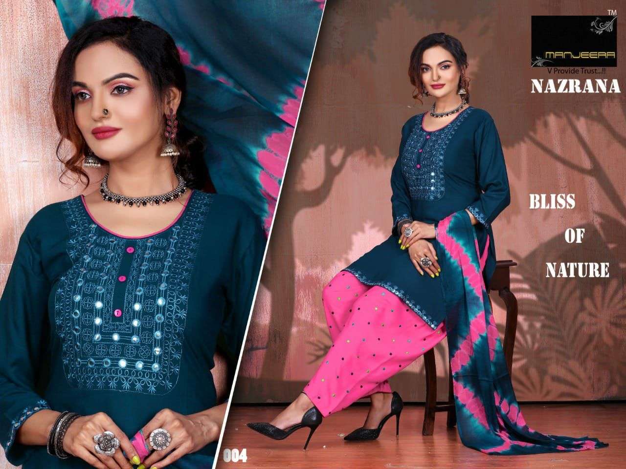NAZRANA BY MANEERA 001 TO 008 SERIES BEAUTIFUL SUITS COLORFUL STYLISH FANCY CASUAL WEAR & ETHNIC WEAR RAYON WITH WORK DRESSES AT WHOLESALE PRICE