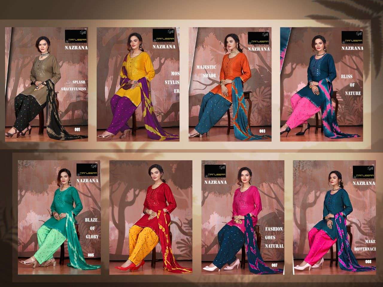 NAZRANA BY MANEERA 001 TO 008 SERIES BEAUTIFUL SUITS COLORFUL STYLISH FANCY CASUAL WEAR & ETHNIC WEAR RAYON WITH WORK DRESSES AT WHOLESALE PRICE