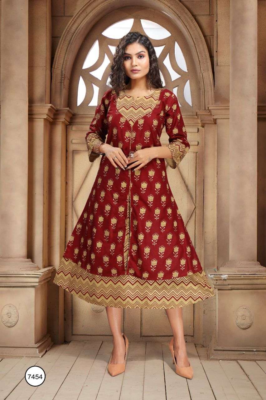 AISHWARYA BY TRENDY 7454-A TO 7454-F SERIES DESIGNER STYLISH FANCY COLORFUL BEAUTIFUL PARTY WEAR & ETHNIC WEAR COLLECTION RAYON KURTIS WITH KOTI AT WHOLESALE PRICE