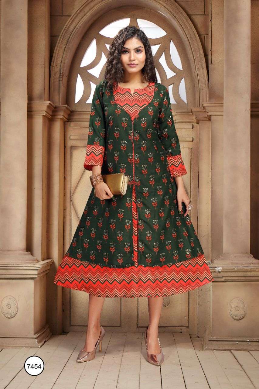 AISHWARYA BY TRENDY 7454-A TO 7454-F SERIES DESIGNER STYLISH FANCY COLORFUL BEAUTIFUL PARTY WEAR & ETHNIC WEAR COLLECTION RAYON KURTIS WITH KOTI AT WHOLESALE PRICE