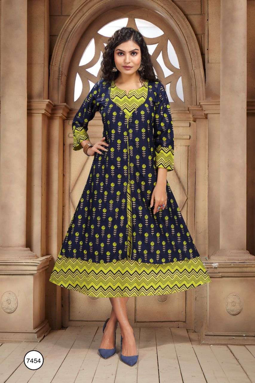 AISHWARYA BY TRENDY 7454-A TO 7454-F SERIES DESIGNER STYLISH FANCY COLORFUL BEAUTIFUL PARTY WEAR & ETHNIC WEAR COLLECTION RAYON KURTIS WITH KOTI AT WHOLESALE PRICE