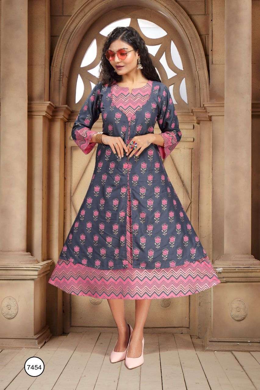 AISHWARYA BY TRENDY 7454-A TO 7454-F SERIES DESIGNER STYLISH FANCY COLORFUL BEAUTIFUL PARTY WEAR & ETHNIC WEAR COLLECTION RAYON KURTIS WITH KOTI AT WHOLESALE PRICE