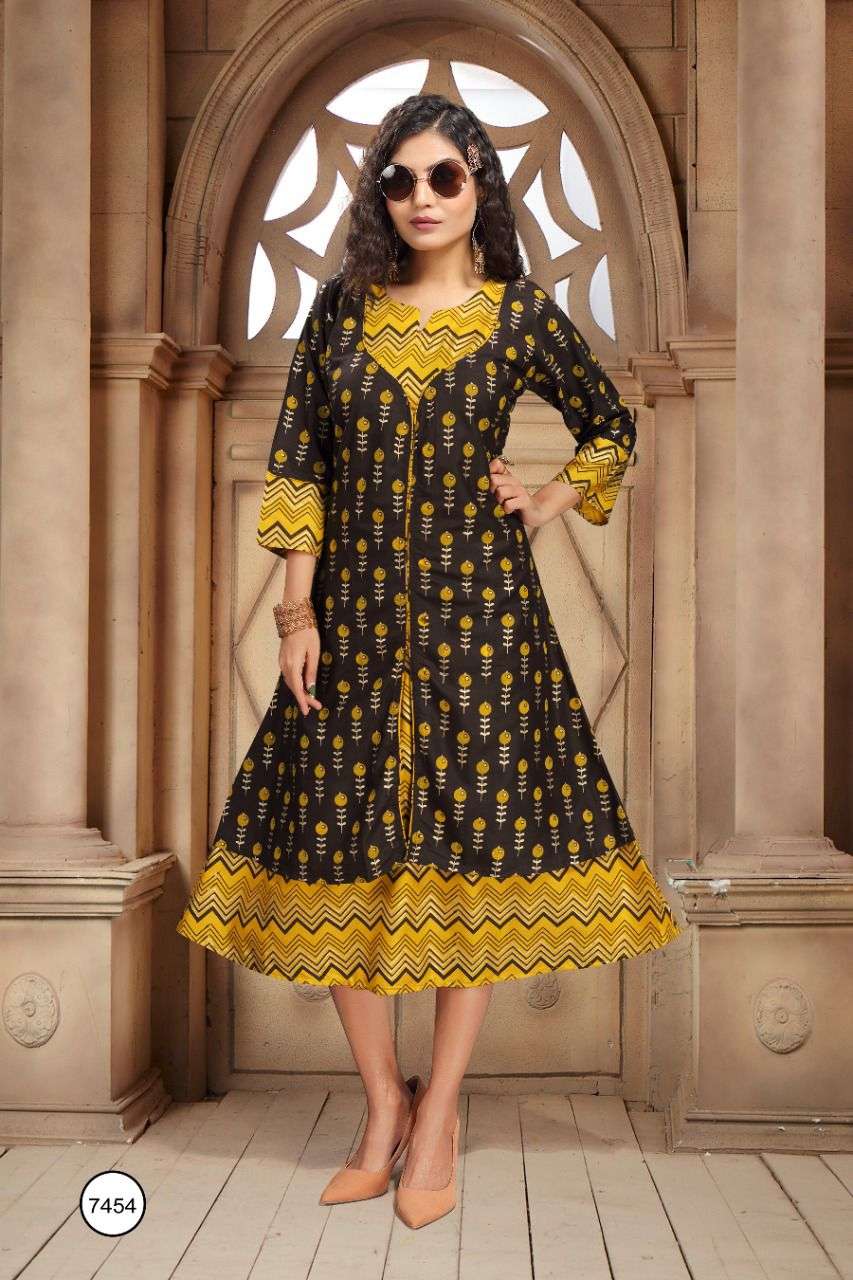 AISHWARYA BY TRENDY 7454-A TO 7454-F SERIES DESIGNER STYLISH FANCY COLORFUL BEAUTIFUL PARTY WEAR & ETHNIC WEAR COLLECTION RAYON KURTIS WITH KOTI AT WHOLESALE PRICE