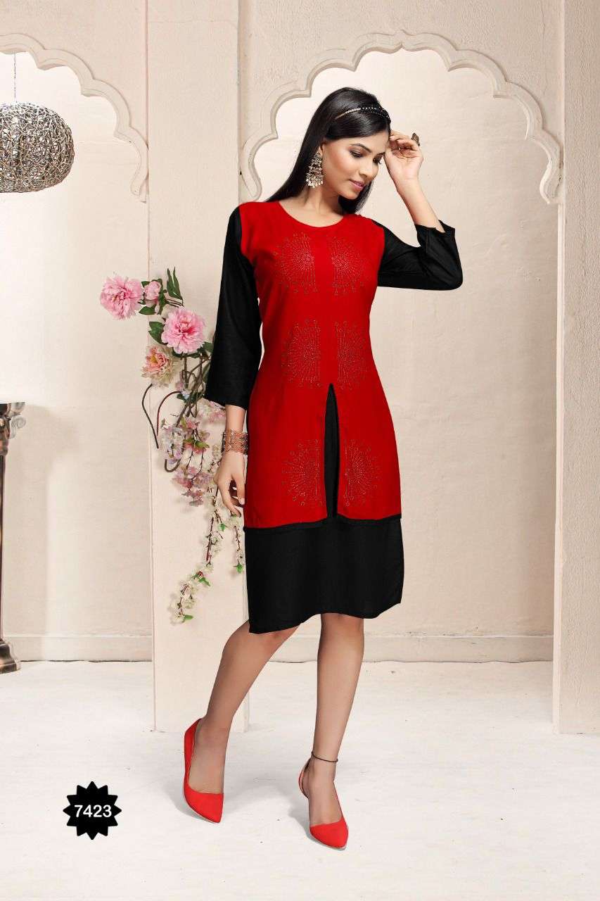 HONEY BY TRENDY 7423-A TO 7423-F SERIES DESIGNER STYLISH FANCY COLORFUL BEAUTIFUL PARTY WEAR & ETHNIC WEAR COLLECTION RAYON KURTIS AT WHOLESALE PRICE
