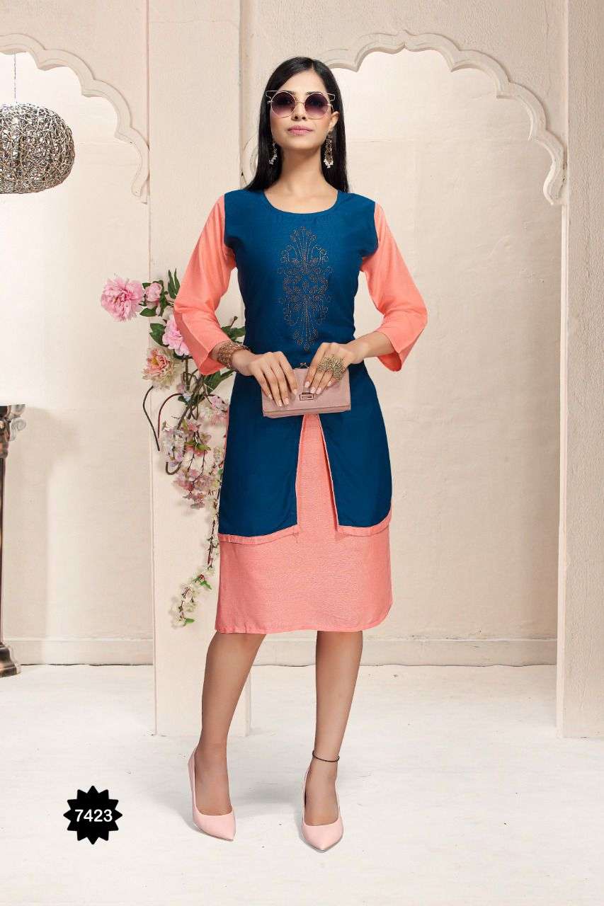 HONEY BY TRENDY 7423-A TO 7423-F SERIES DESIGNER STYLISH FANCY COLORFUL BEAUTIFUL PARTY WEAR & ETHNIC WEAR COLLECTION RAYON KURTIS AT WHOLESALE PRICE