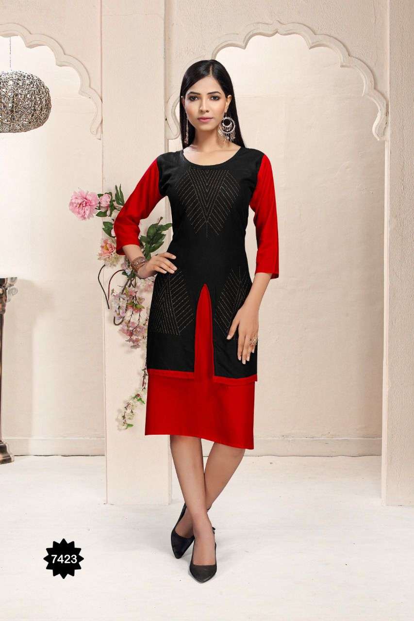 HONEY BY TRENDY 7423-A TO 7423-F SERIES DESIGNER STYLISH FANCY COLORFUL BEAUTIFUL PARTY WEAR & ETHNIC WEAR COLLECTION RAYON KURTIS AT WHOLESALE PRICE
