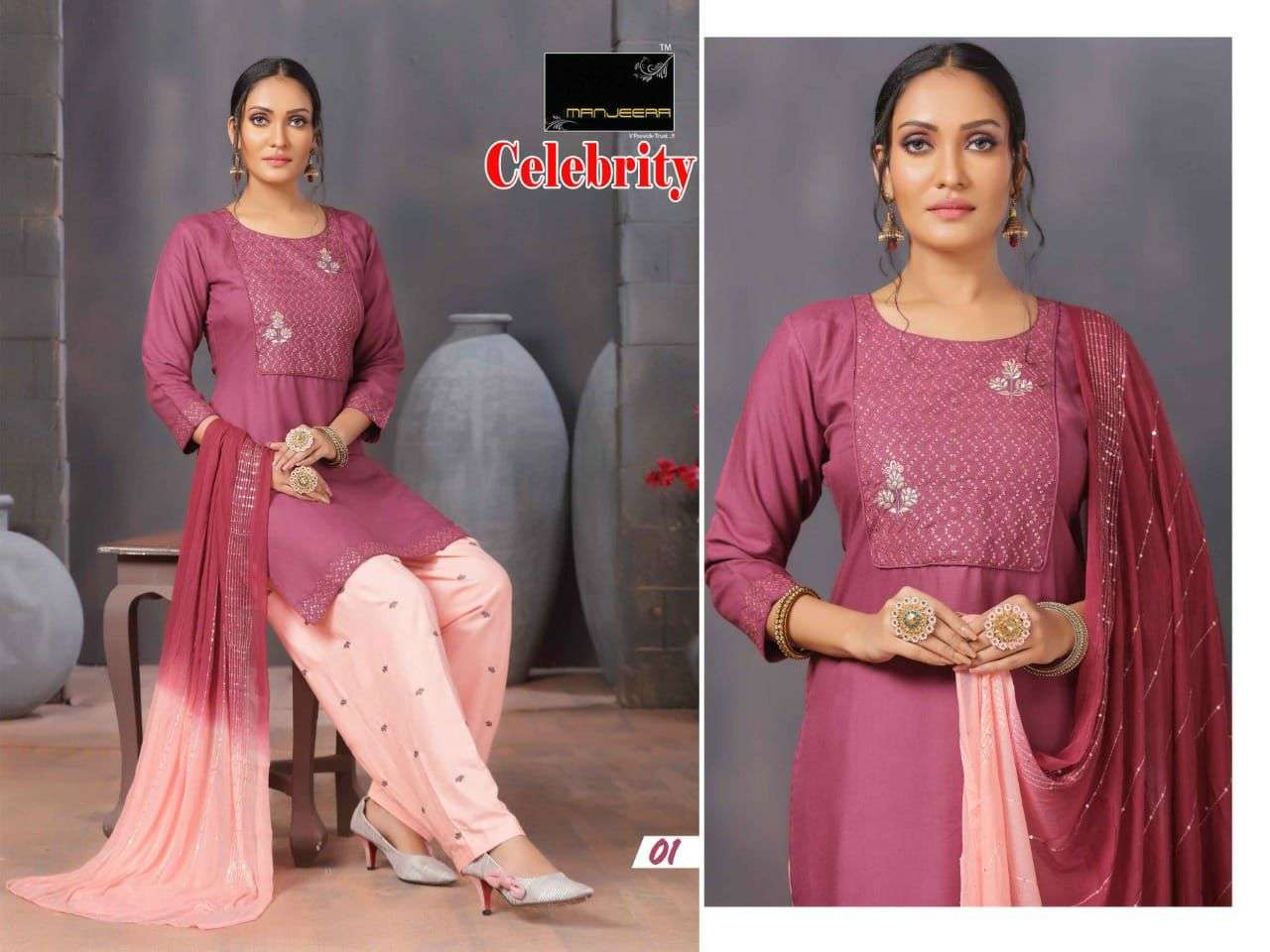 CELEBRITY BY MANJEERA 01 TO 08 SERIES BEAUTIFUL PATIYALA SUITS COLORFUL STYLISH FANCY CASUAL WEAR & ETHNIC WEAR RAYON WITH WORK DRESSES AT WHOLESALE PRICE