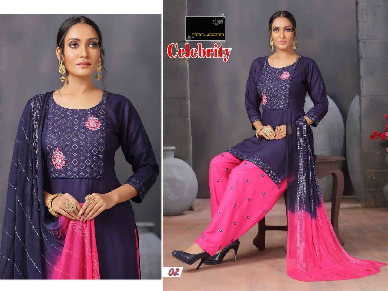 CELEBRITY BY MANJEERA 01 TO 08 SERIES BEAUTIFUL PATIYALA SUITS COLORFUL STYLISH FANCY CASUAL WEAR & ETHNIC WEAR RAYON WITH WORK DRESSES AT WHOLESALE PRICE