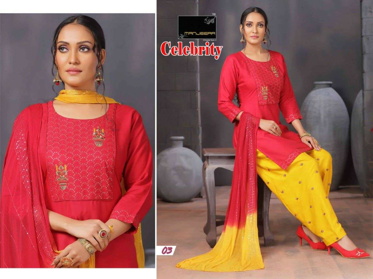 CELEBRITY BY MANJEERA 01 TO 08 SERIES BEAUTIFUL PATIYALA SUITS COLORFUL STYLISH FANCY CASUAL WEAR & ETHNIC WEAR RAYON WITH WORK DRESSES AT WHOLESALE PRICE