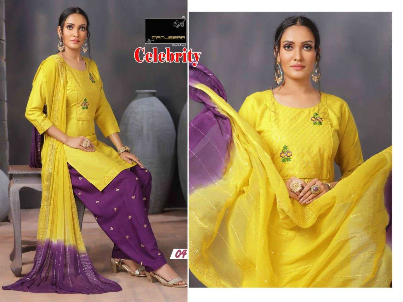 CELEBRITY BY MANJEERA 01 TO 08 SERIES BEAUTIFUL PATIYALA SUITS COLORFUL STYLISH FANCY CASUAL WEAR & ETHNIC WEAR RAYON WITH WORK DRESSES AT WHOLESALE PRICE
