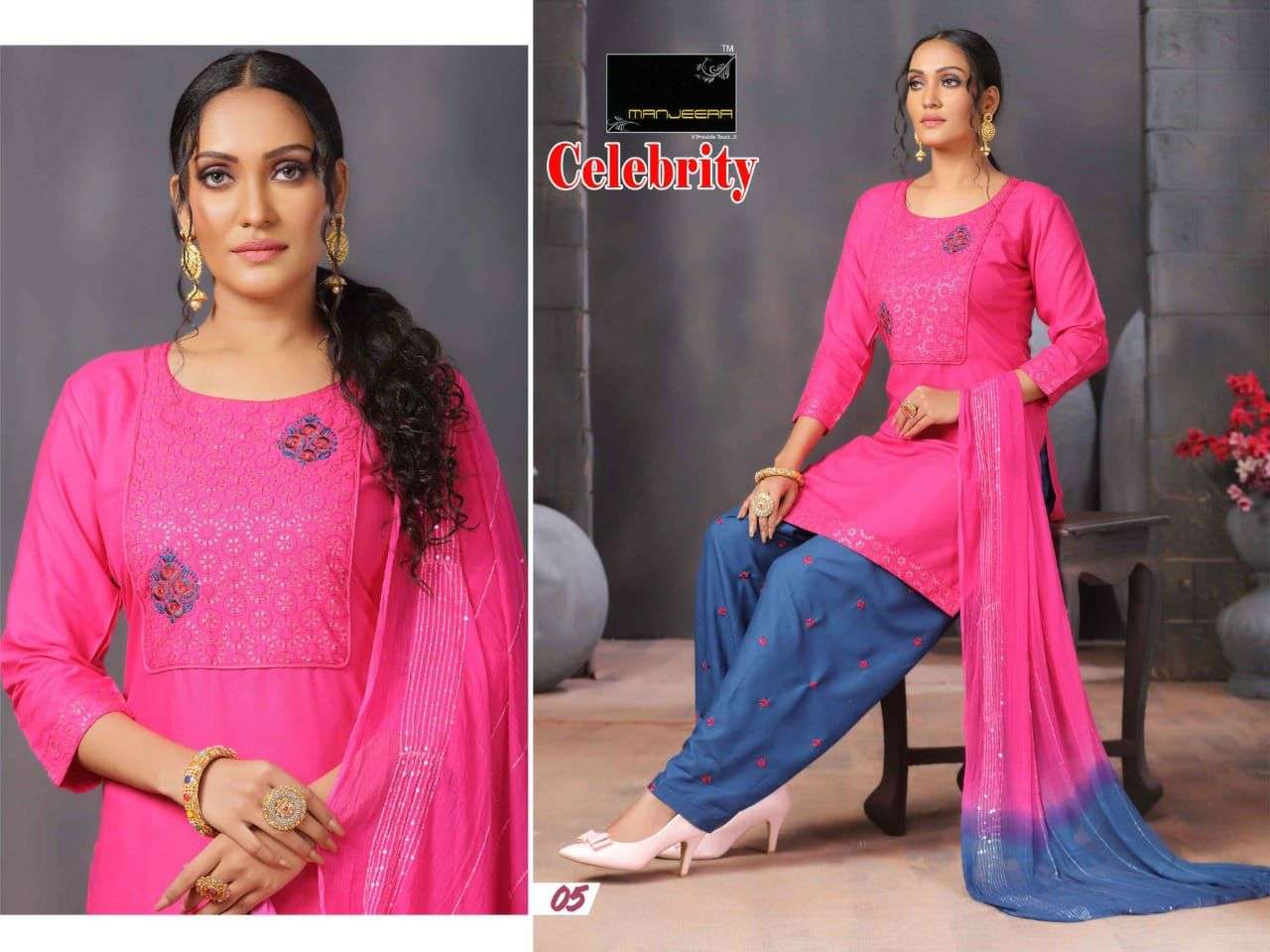 CELEBRITY BY MANJEERA 01 TO 08 SERIES BEAUTIFUL PATIYALA SUITS COLORFUL STYLISH FANCY CASUAL WEAR & ETHNIC WEAR RAYON WITH WORK DRESSES AT WHOLESALE PRICE