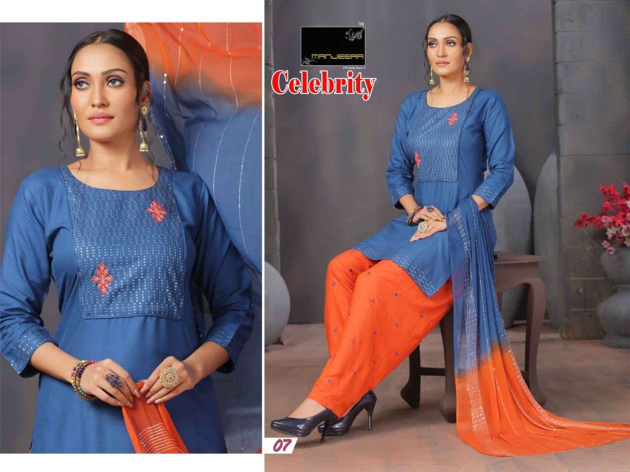 CELEBRITY BY MANJEERA 01 TO 08 SERIES BEAUTIFUL PATIYALA SUITS COLORFUL STYLISH FANCY CASUAL WEAR & ETHNIC WEAR RAYON WITH WORK DRESSES AT WHOLESALE PRICE