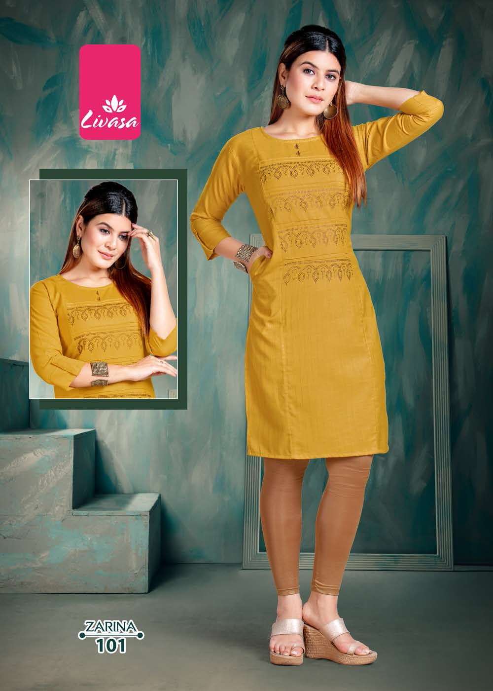 ZARINA BY LIVASA 101 TO 106 SERIES DESIGNER STYLISH FANCY COLORFUL BEAUTIFUL PARTY WEAR & ETHNIC WEAR COLLECTION RAYON WITH WORK KURTIS AT WHOLESALE PRICE