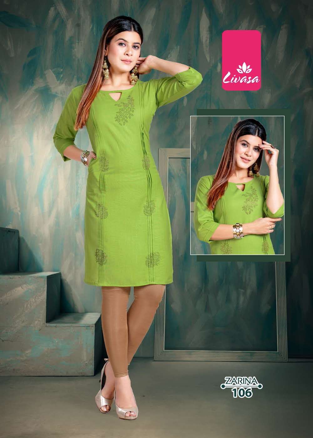 ZARINA BY LIVASA 101 TO 106 SERIES DESIGNER STYLISH FANCY COLORFUL BEAUTIFUL PARTY WEAR & ETHNIC WEAR COLLECTION RAYON WITH WORK KURTIS AT WHOLESALE PRICE