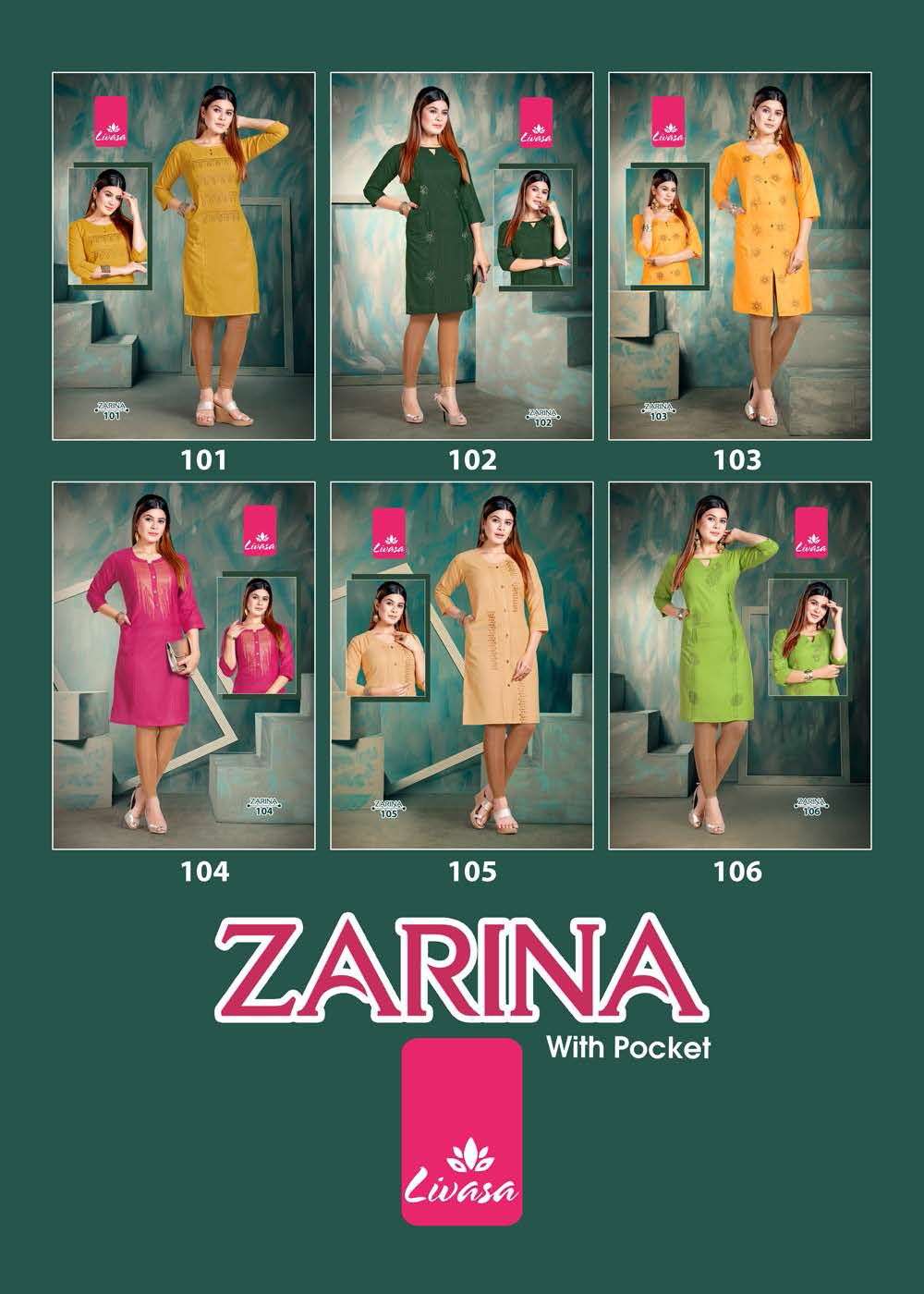 ZARINA BY LIVASA 101 TO 106 SERIES DESIGNER STYLISH FANCY COLORFUL BEAUTIFUL PARTY WEAR & ETHNIC WEAR COLLECTION RAYON WITH WORK KURTIS AT WHOLESALE PRICE