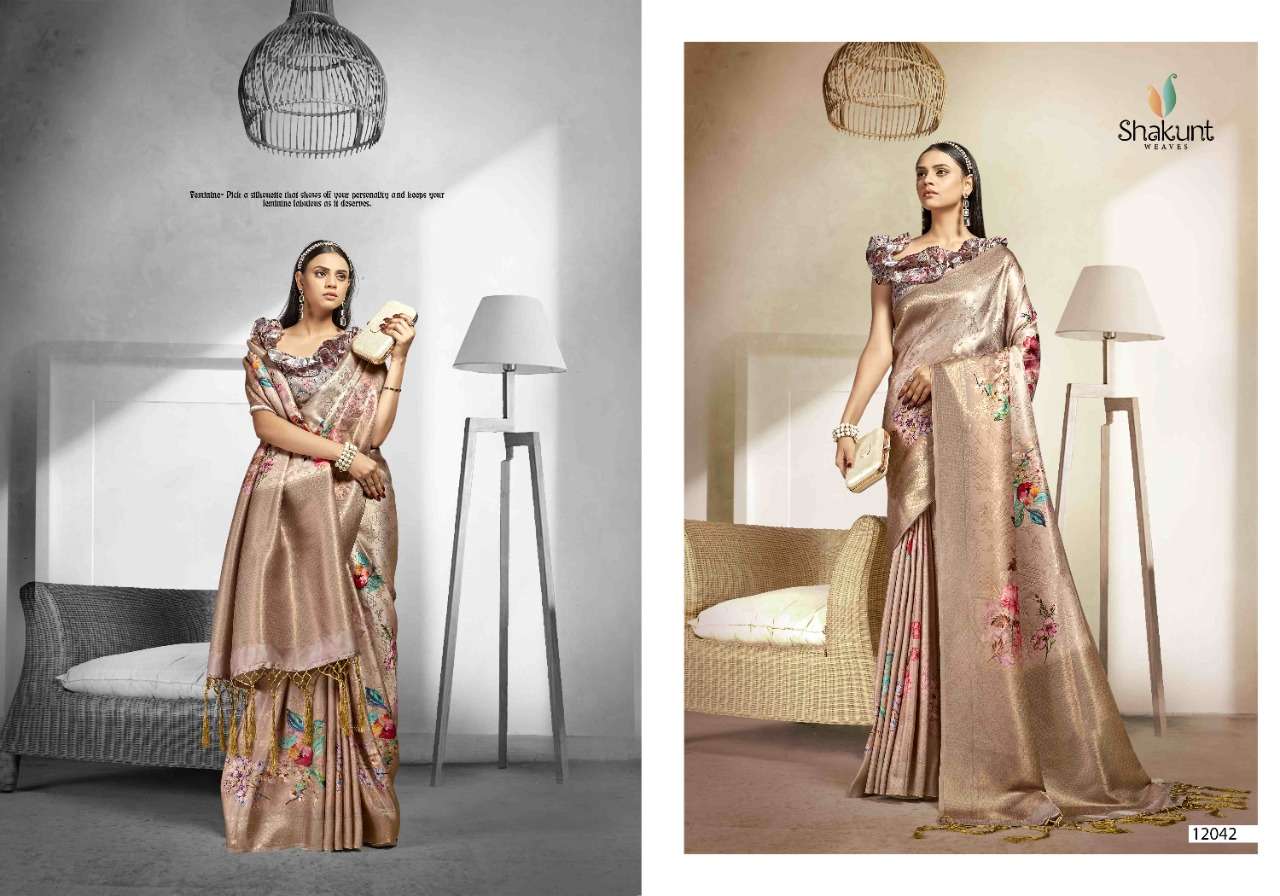 HEAVEN BY SHAKUNT 12041 TO 12046 SERIES INDIAN TRADITIONAL WEAR COLLECTION BEAUTIFUL STYLISH FANCY COLORFUL PARTY WEAR & OCCASIONAL WEAR ART SILK SAREES AT WHOLESALE PRICE