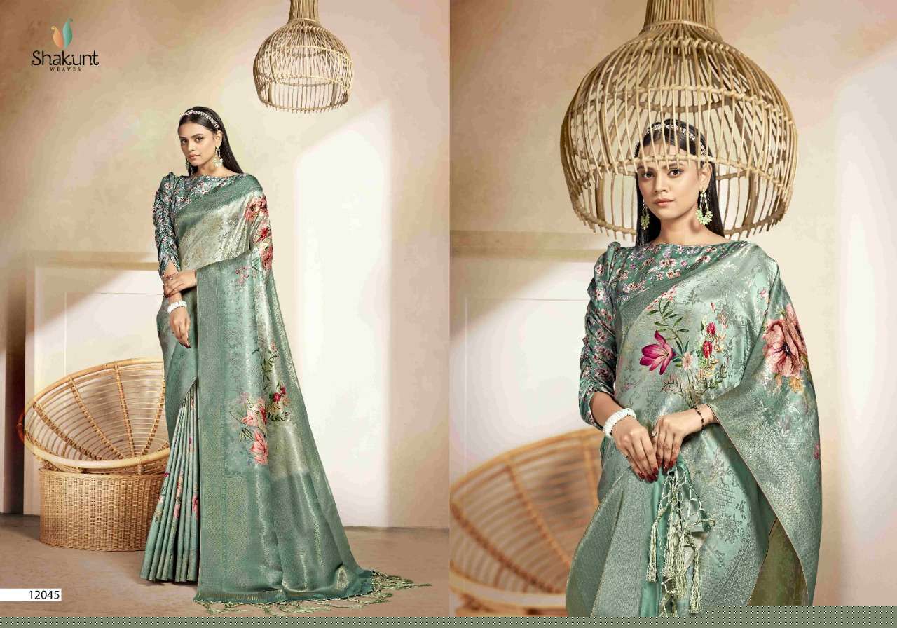 HEAVEN BY SHAKUNT 12041 TO 12046 SERIES INDIAN TRADITIONAL WEAR COLLECTION BEAUTIFUL STYLISH FANCY COLORFUL PARTY WEAR & OCCASIONAL WEAR ART SILK SAREES AT WHOLESALE PRICE