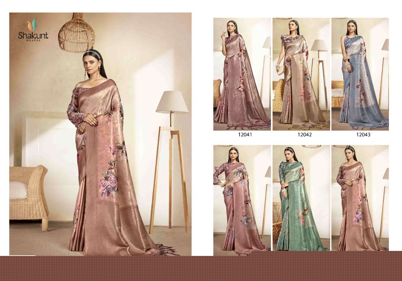 HEAVEN BY SHAKUNT 12041 TO 12046 SERIES INDIAN TRADITIONAL WEAR COLLECTION BEAUTIFUL STYLISH FANCY COLORFUL PARTY WEAR & OCCASIONAL WEAR ART SILK SAREES AT WHOLESALE PRICE