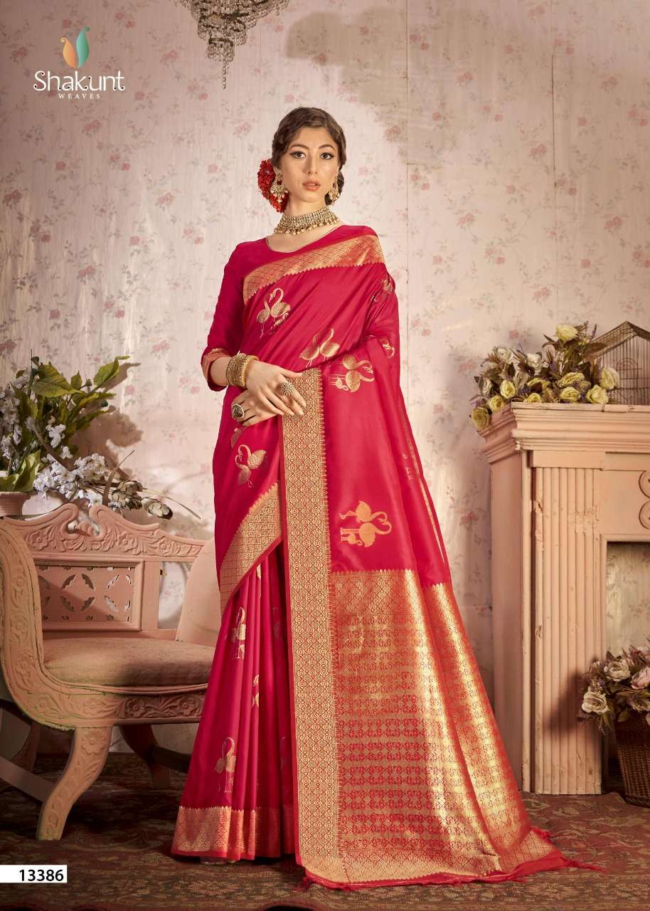SKS FANCY-1022 BY SHAKUNT 13381 TO 13386 SERIES INDIAN TRADITIONAL WEAR COLLECTION BEAUTIFUL STYLISH FANCY COLORFUL PARTY WEAR & OCCASIONAL WEAR SOFT SILK SAREES AT WHOLESALE PRICE