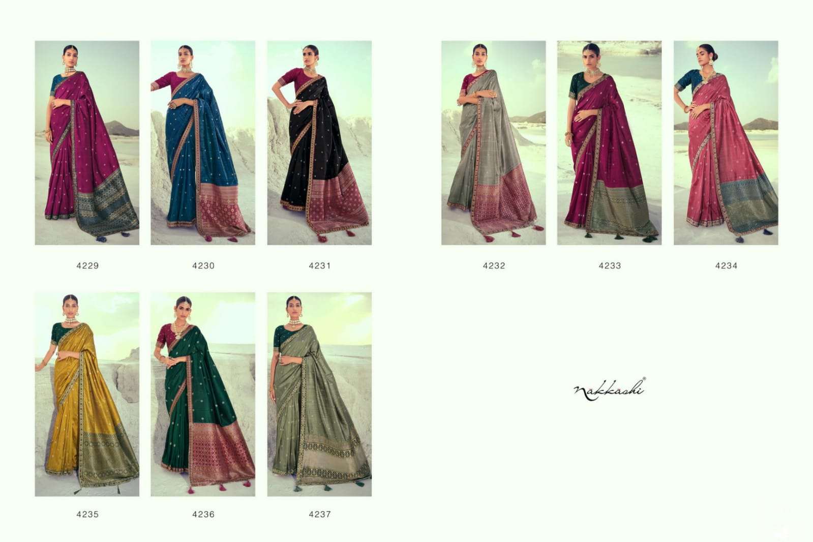 NIKHAAR BY NAKKASHI 4229 TO 4237 SERIES INDIAN TRADITIONAL WEAR COLLECTION BEAUTIFUL STYLISH FANCY COLORFUL PARTY WEAR & OCCASIONAL WEAR SILK EMBROIDERED SAREES AT WHOLESALE PRICE