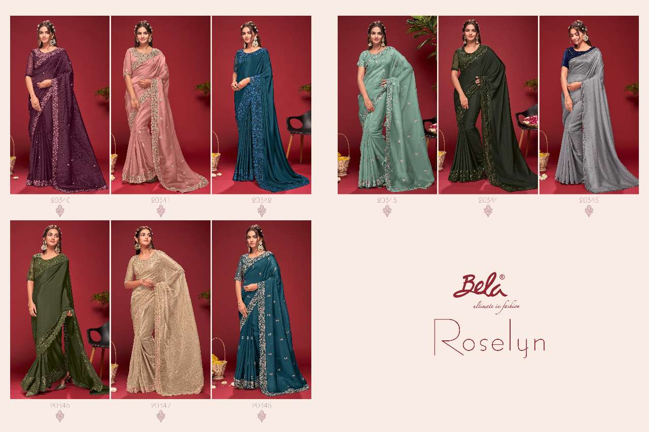 ROSELYN BY BELA FASHION 20340 TO 20348 SERIES INDIAN TRADITIONAL WEAR COLLECTION BEAUTIFUL STYLISH FANCY COLORFUL PARTY WEAR & OCCASIONAL WEAR FANCY SAREES AT WHOLESALE PRICE