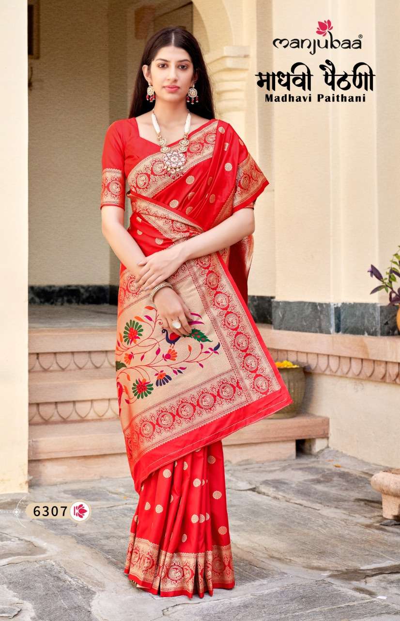 MADHAVI PAITHANI BY MANJUBAA CLOTHING 6301 TO 6308 SERIES INDIAN TRADITIONAL WEAR COLLECTION BEAUTIFUL STYLISH FANCY COLORFUL PARTY WEAR & OCCASIONAL WEAR SILK SAREES AT WHOLESALE PRICE