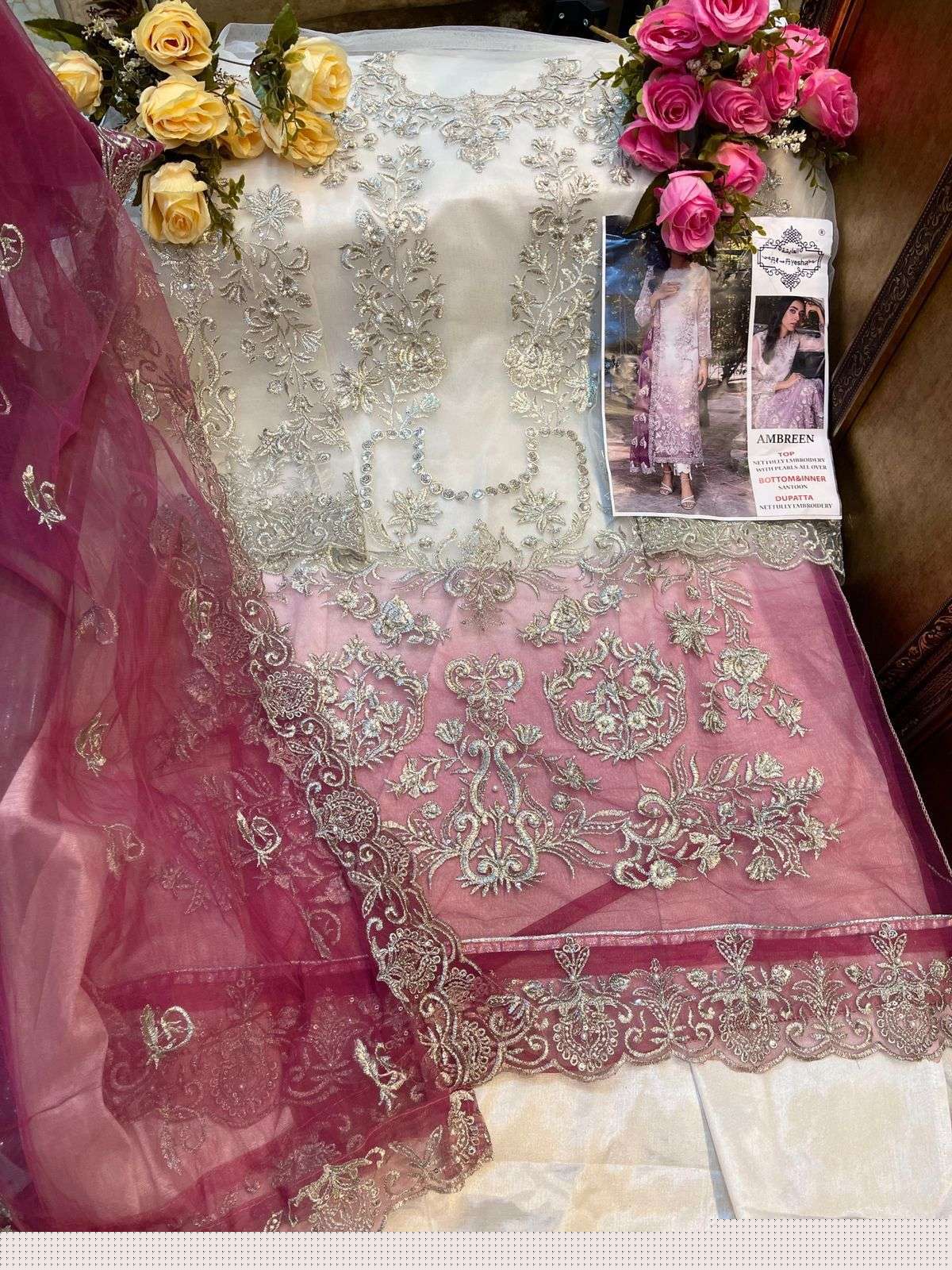 AMBREEN COLOUR EDITION BY AL AYESHA A TO D SERIES DESIGNER PAKISTANI SUITS BEAUTIFUL STYLISH FANCY COLORFUL PARTY WEAR & OCCASIONAL WEAR NET EMBROIDERED DRESSES AT WHOLESALE PRICE