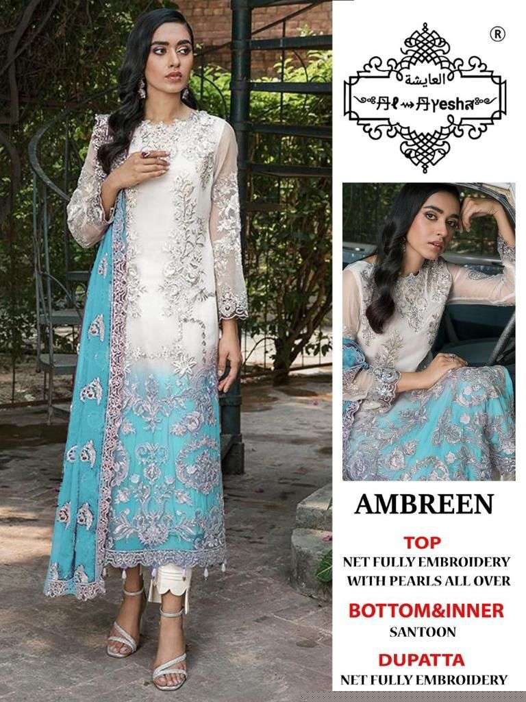 AMBREEN COLOUR EDITION BY AL AYESHA A TO D SERIES DESIGNER PAKISTANI SUITS BEAUTIFUL STYLISH FANCY COLORFUL PARTY WEAR & OCCASIONAL WEAR NET EMBROIDERED DRESSES AT WHOLESALE PRICE