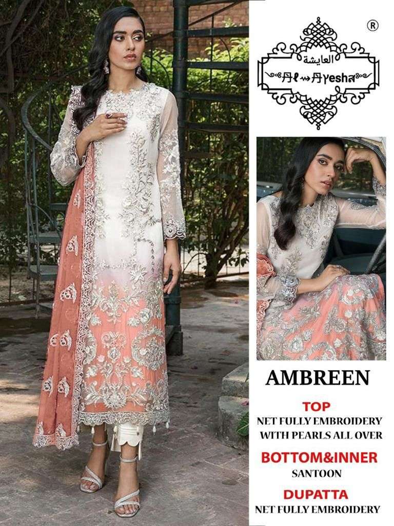 AMBREEN COLOUR EDITION BY AL AYESHA A TO D SERIES DESIGNER PAKISTANI SUITS BEAUTIFUL STYLISH FANCY COLORFUL PARTY WEAR & OCCASIONAL WEAR NET EMBROIDERED DRESSES AT WHOLESALE PRICE