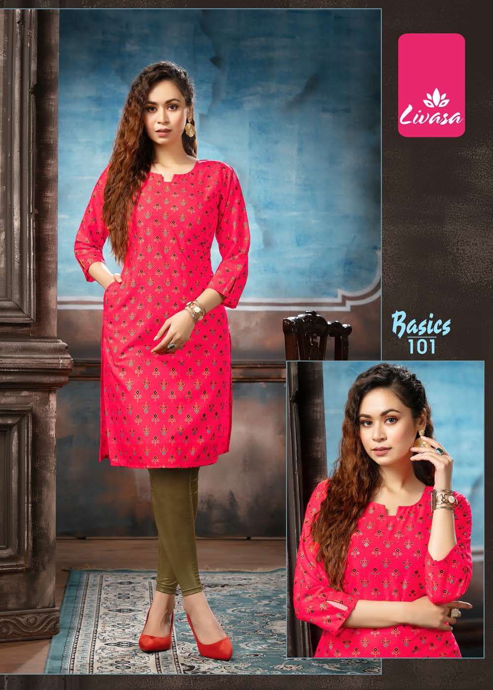 BASICS BY LIVASA 101 TO 107 SERIES DESIGNER STYLISH FANCY COLORFUL BEAUTIFUL PARTY WEAR & ETHNIC WEAR COLLECTION RAYON PRINT KURTIS AT WHOLESALE PRICE