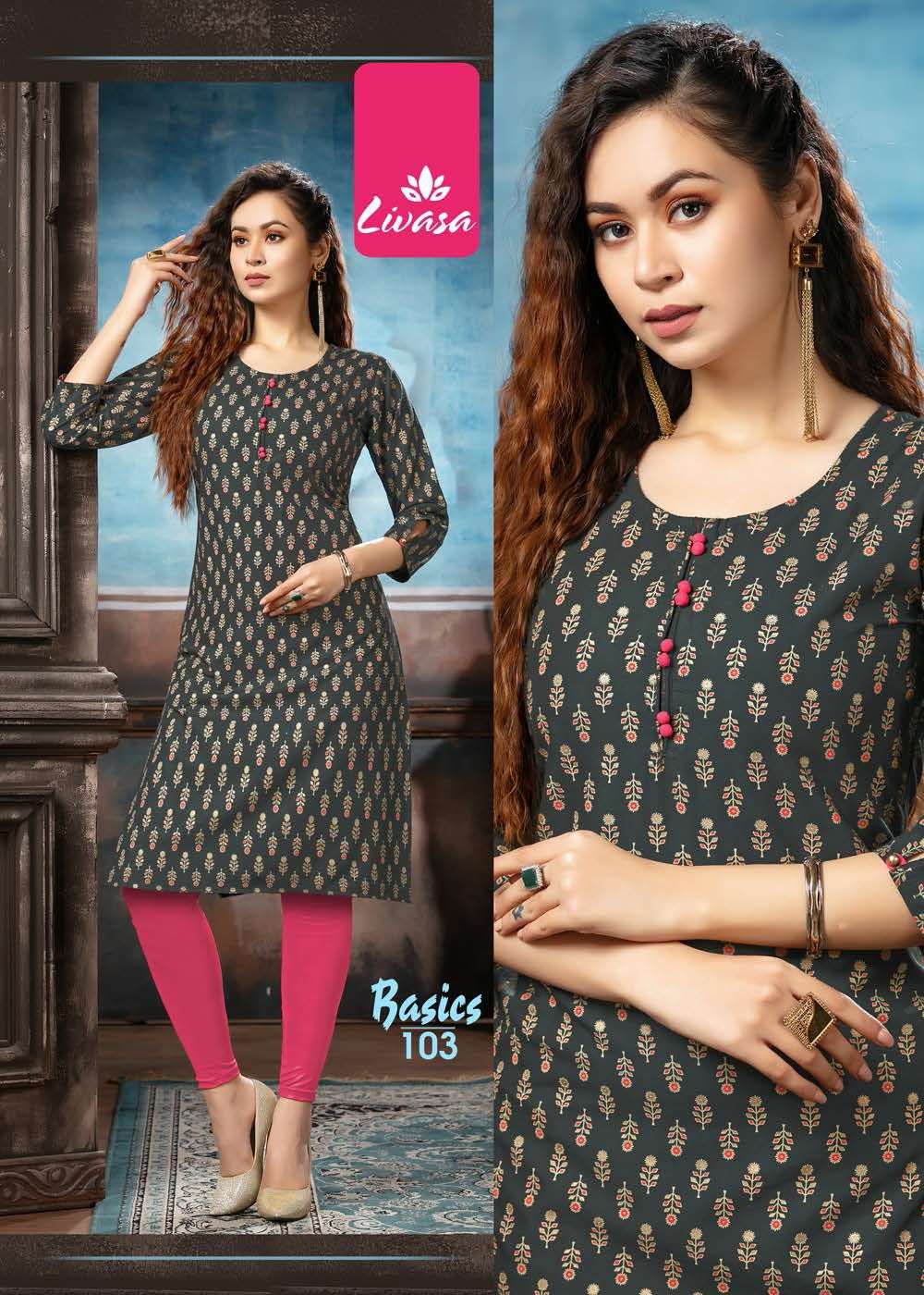 BASICS BY LIVASA 101 TO 107 SERIES DESIGNER STYLISH FANCY COLORFUL BEAUTIFUL PARTY WEAR & ETHNIC WEAR COLLECTION RAYON PRINT KURTIS AT WHOLESALE PRICE