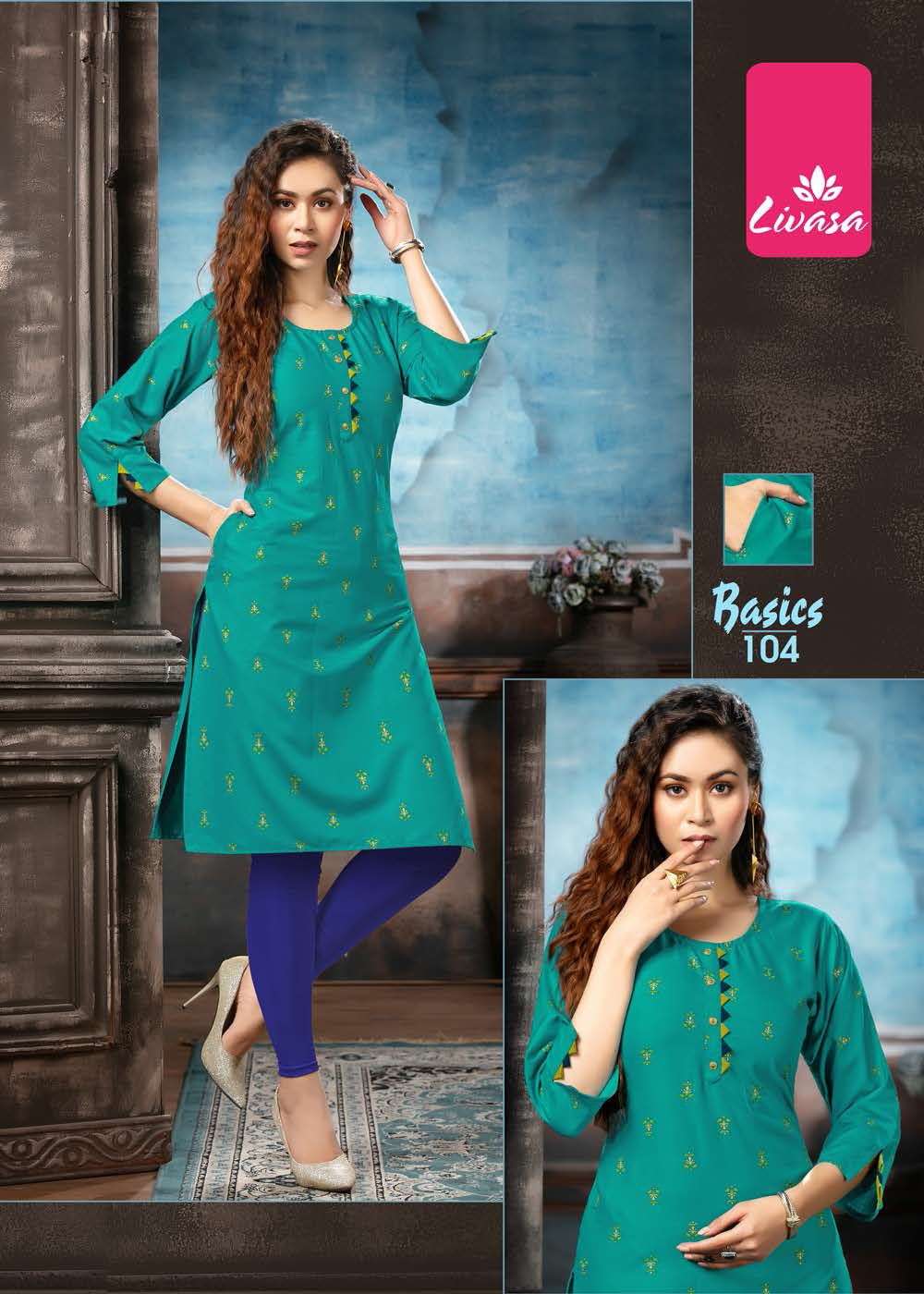 BASICS BY LIVASA 101 TO 107 SERIES DESIGNER STYLISH FANCY COLORFUL BEAUTIFUL PARTY WEAR & ETHNIC WEAR COLLECTION RAYON PRINT KURTIS AT WHOLESALE PRICE