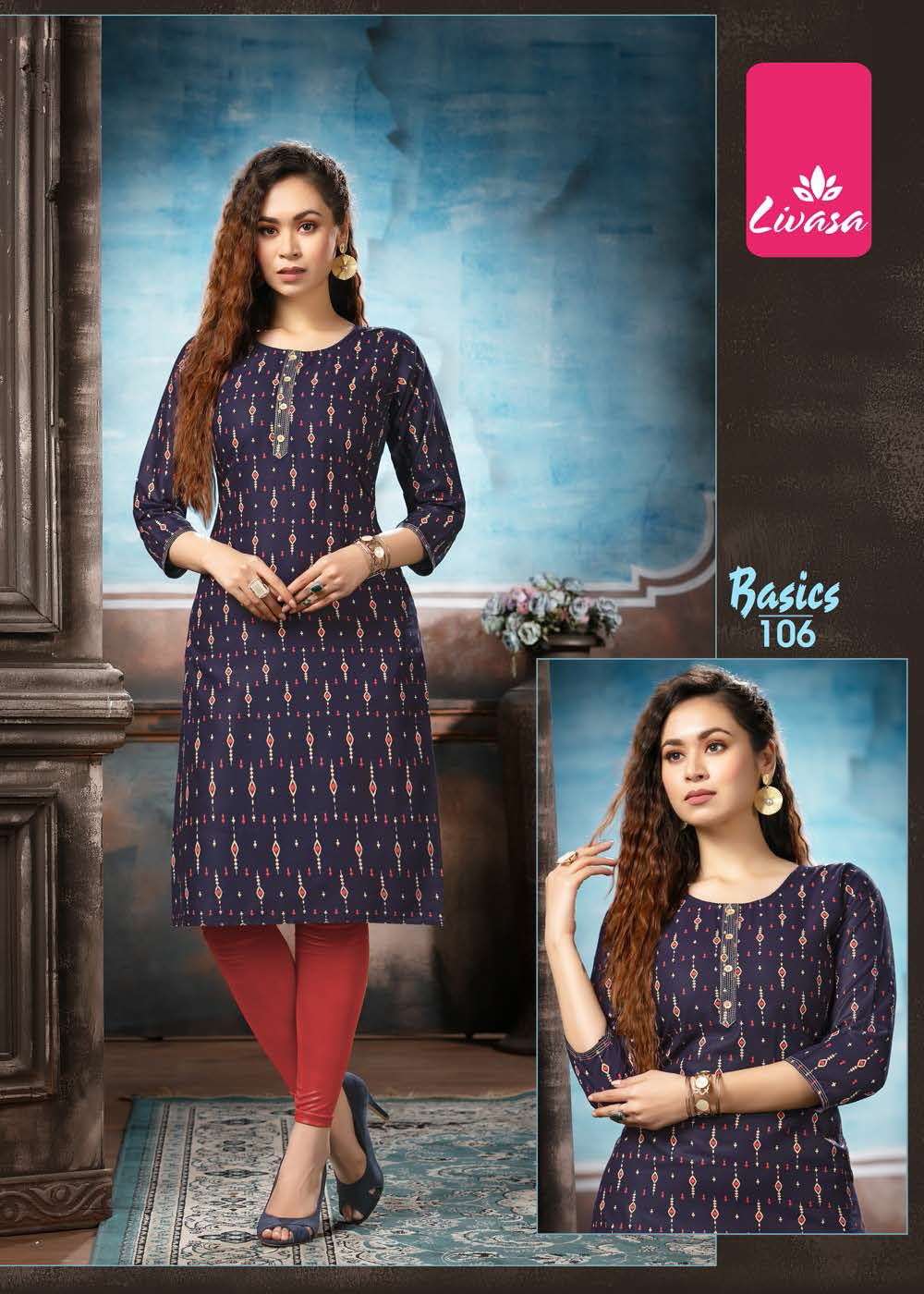 BASICS BY LIVASA 101 TO 107 SERIES DESIGNER STYLISH FANCY COLORFUL BEAUTIFUL PARTY WEAR & ETHNIC WEAR COLLECTION RAYON PRINT KURTIS AT WHOLESALE PRICE