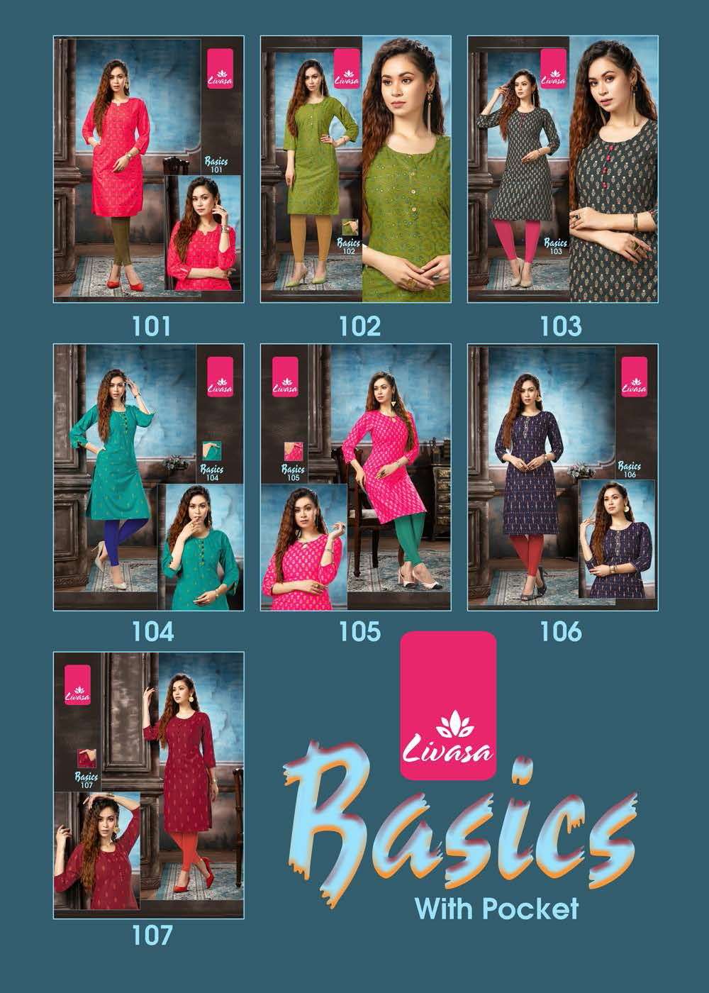BASICS BY LIVASA 101 TO 107 SERIES DESIGNER STYLISH FANCY COLORFUL BEAUTIFUL PARTY WEAR & ETHNIC WEAR COLLECTION RAYON PRINT KURTIS AT WHOLESALE PRICE