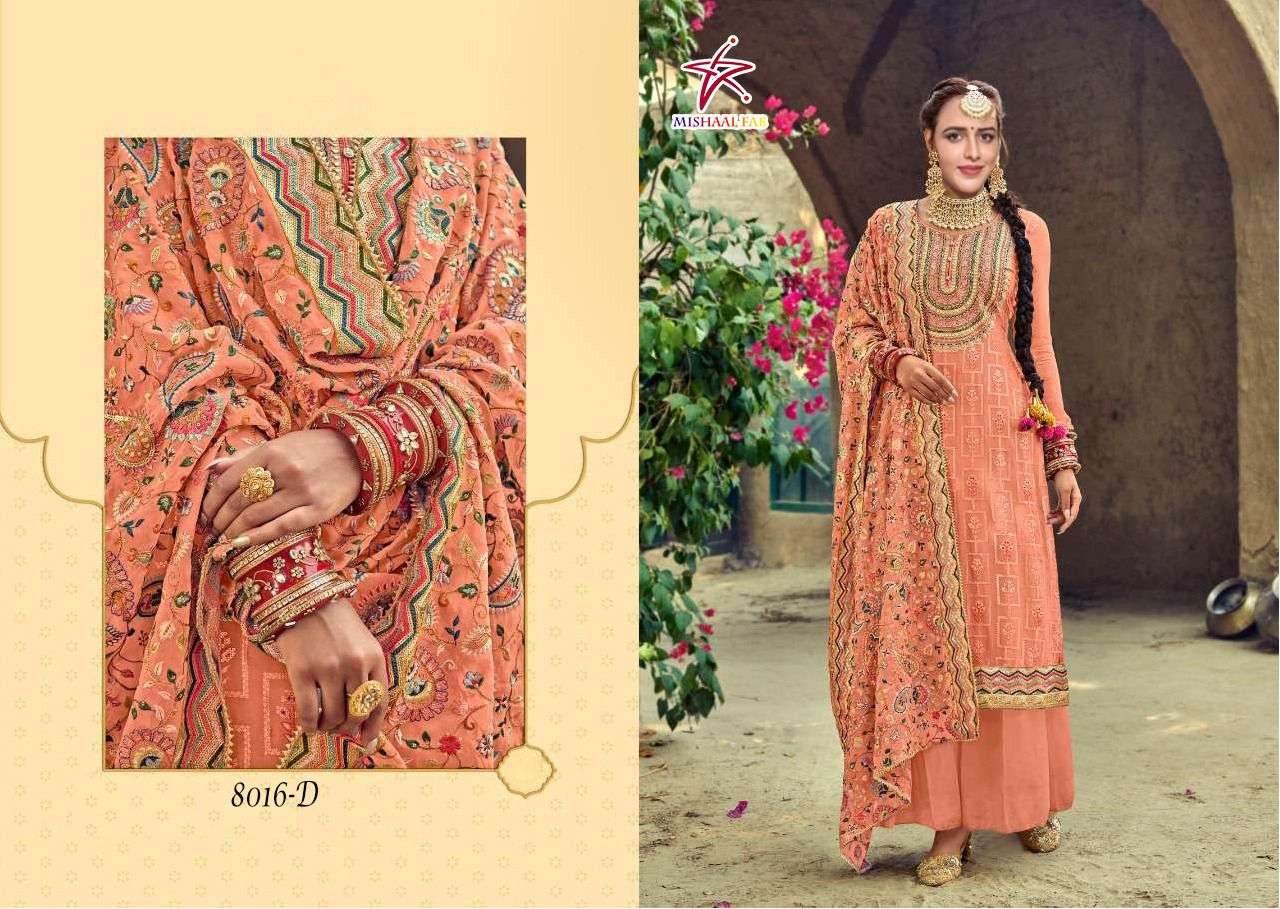 MISHAAL 8016 COLOURS BY MISHAAL FAB 8016-A TO 8016-D SERIES BEAUTIFUL SUITS STYLISH COLORFUL FANCY CASUAL WEAR & ETHNIC WEAR HEAVY GEORGETTE EMBROIDERED DRESSES AT WHOLESALE PRICE