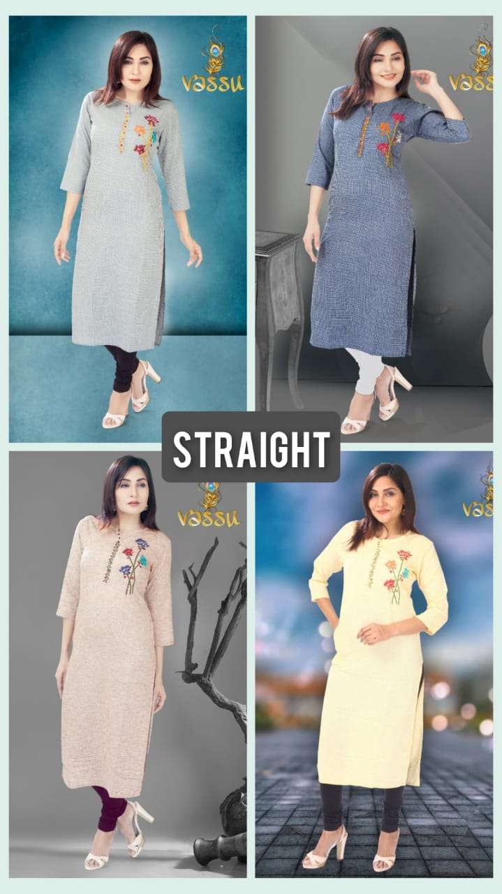 STRAIGHT BY VASSU 01 TO 04 SERIES DESIGNER STYLISH FANCY COLORFUL BEAUTIFUL PARTY WEAR & ETHNIC WEAR COLLECTION RAYON WAVING KURTIS AT WHOLESALE PRICE