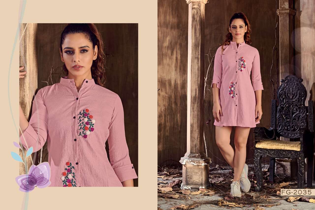 MYSTIC VOL-1 BY FASHION GALLERIA 2033 TO 2037 SERIES BEAUTIFUL COLORFUL STYLISH FANCY CASUAL WEAR & READY TO WEAR LYCRA TOPS AT WHOLESALE PRICE