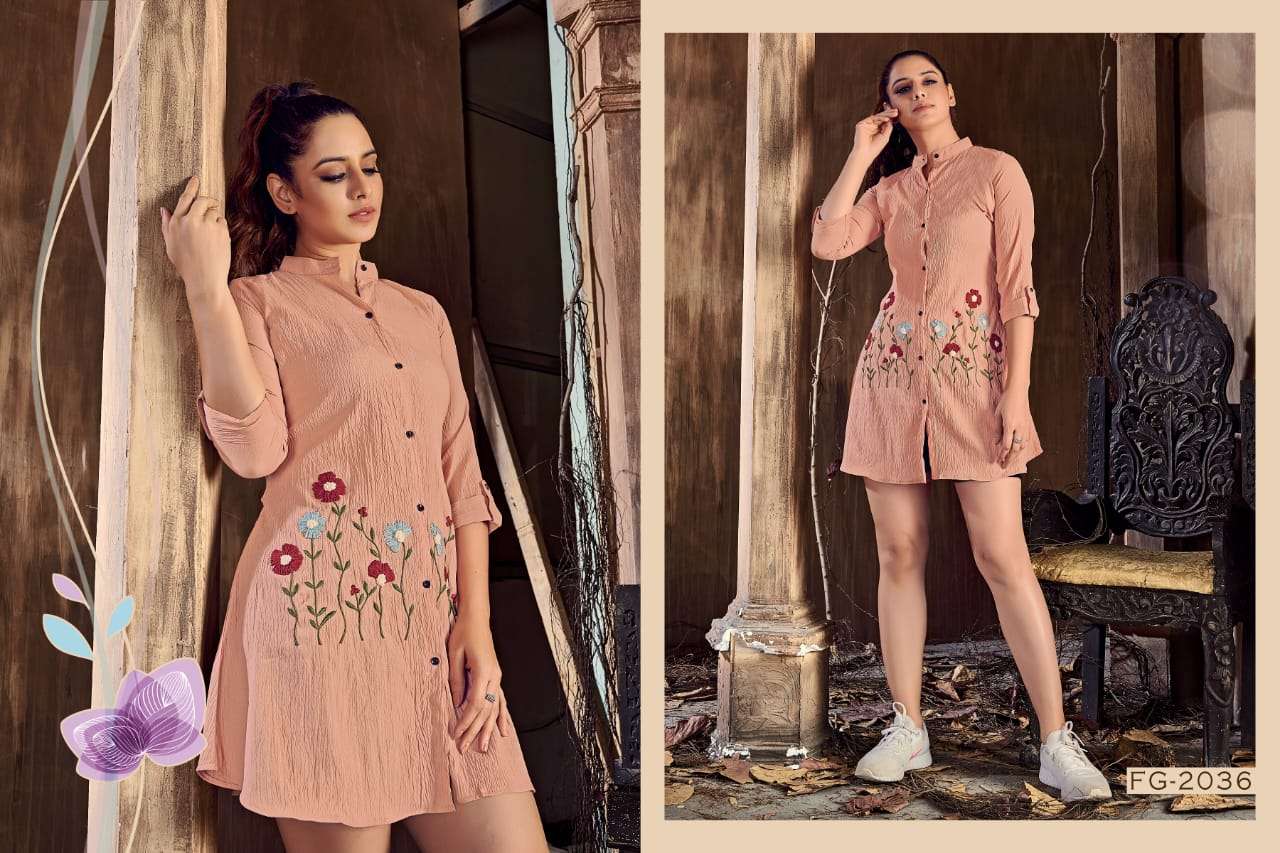 MYSTIC VOL-1 BY FASHION GALLERIA 2033 TO 2037 SERIES BEAUTIFUL COLORFUL STYLISH FANCY CASUAL WEAR & READY TO WEAR LYCRA TOPS AT WHOLESALE PRICE