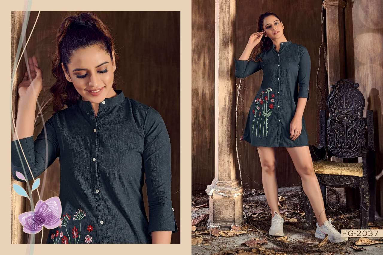 MYSTIC VOL-1 BY FASHION GALLERIA 2033 TO 2037 SERIES BEAUTIFUL COLORFUL STYLISH FANCY CASUAL WEAR & READY TO WEAR LYCRA TOPS AT WHOLESALE PRICE