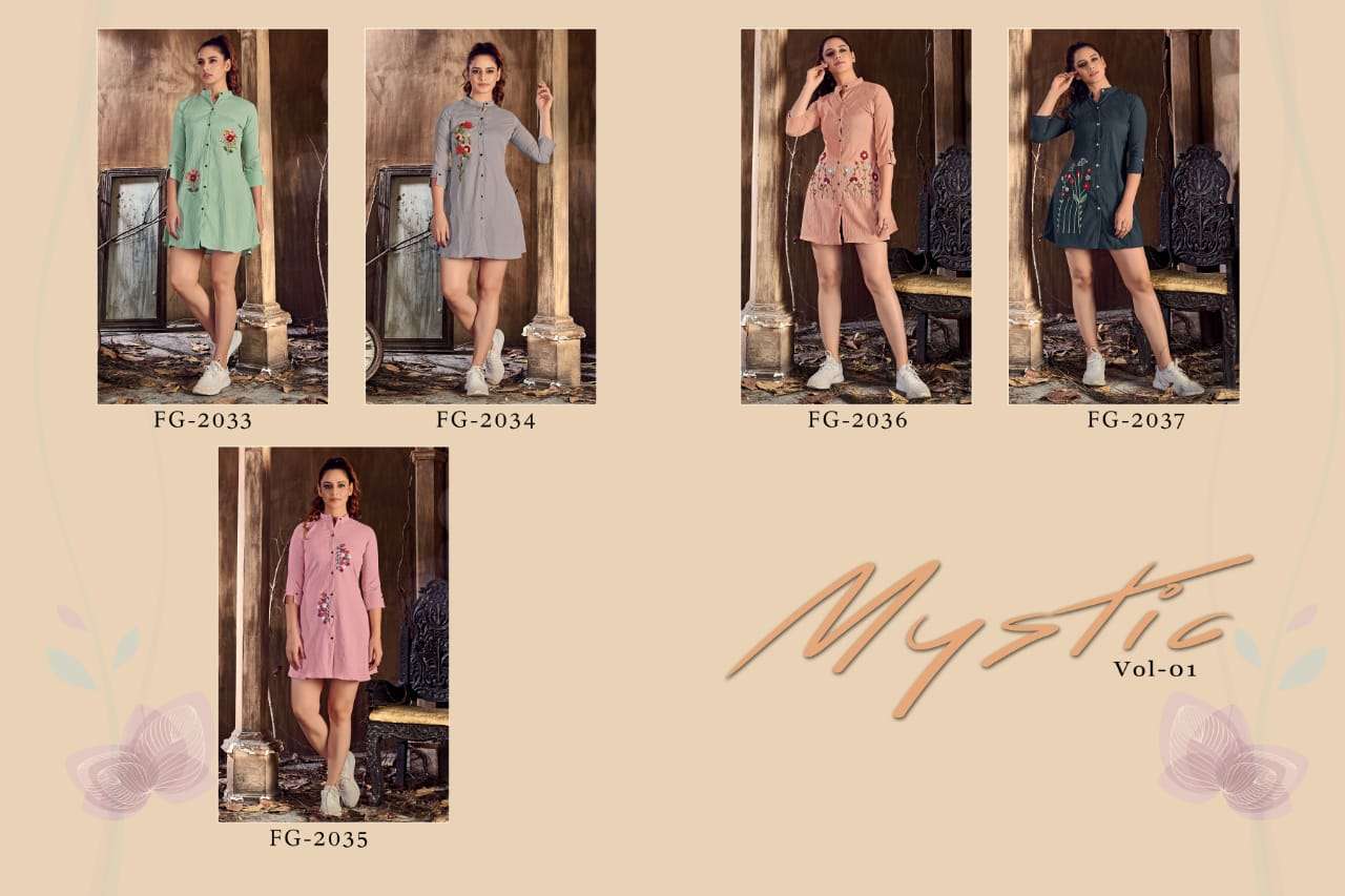 MYSTIC VOL-1 BY FASHION GALLERIA 2033 TO 2037 SERIES BEAUTIFUL COLORFUL STYLISH FANCY CASUAL WEAR & READY TO WEAR LYCRA TOPS AT WHOLESALE PRICE