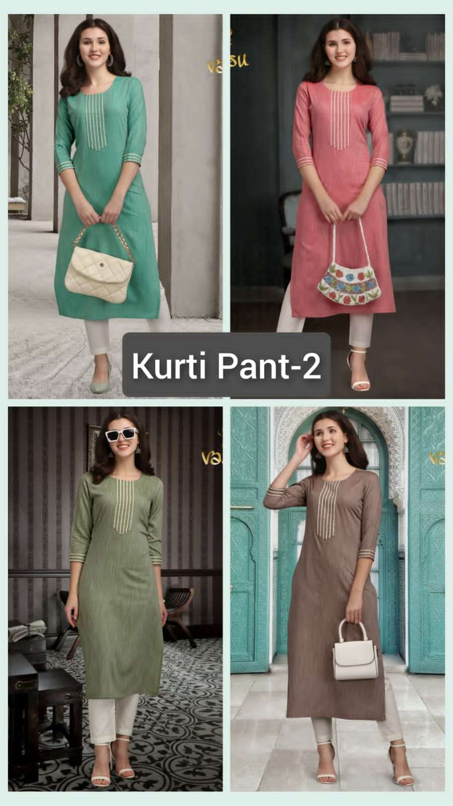 KURTI PANT VOL-2 BY VASSU 201 TO 204 SERIES DESIGNER STYLISH FANCY COLORFUL BEAUTIFUL PARTY WEAR & ETHNIC WEAR COLLECTION RAYON SLUB KURTIS WITH BOTTOM AT WHOLESALE PRICE