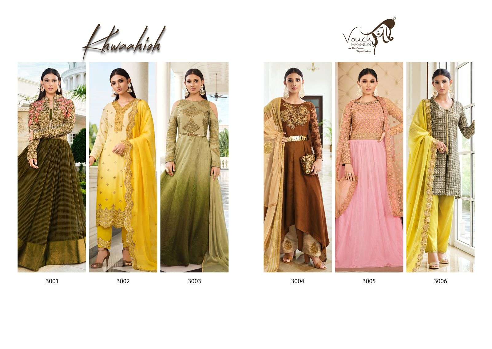 KHWAAHISH BY VOUCHE 3001 TO 3006 SERIES DESIGNER ANARKALI SUITS COLLECTION BEAUTIFUL STYLISH COLORFUL FANCY PARTY WEAR & OCCASIONAL WEAR NET/GEORGETTE/SILK DRESSES AT WHOLESALE PRICE