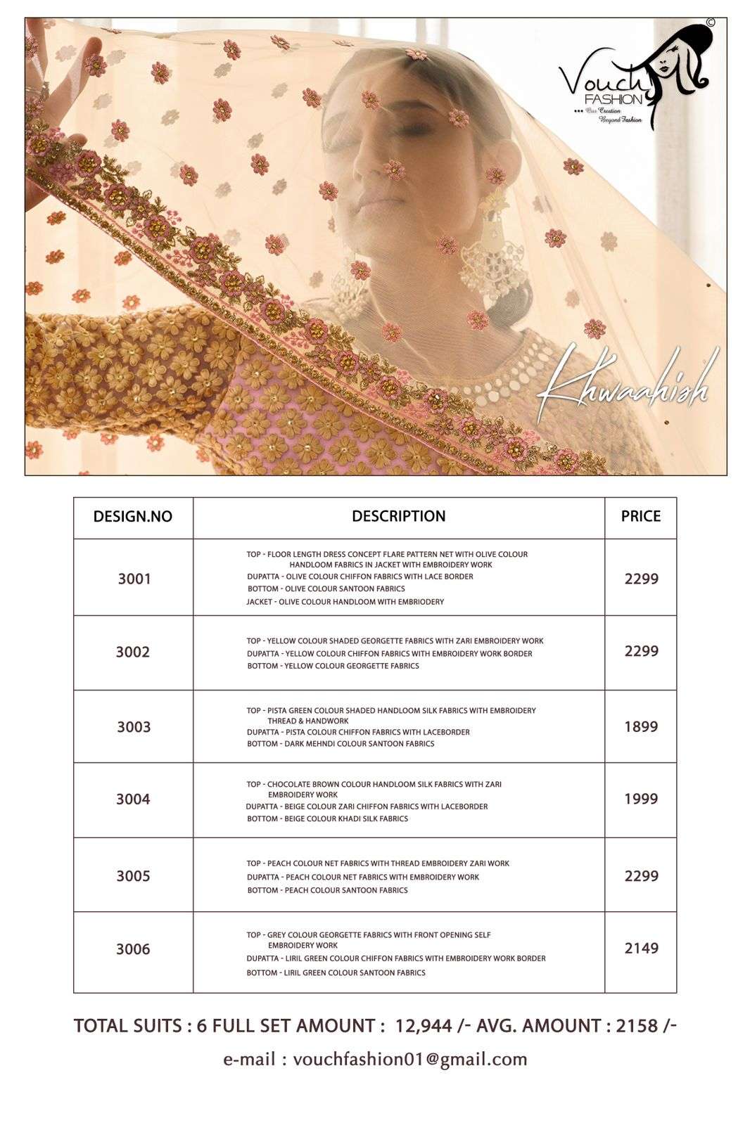 KHWAAHISH BY VOUCHE 3001 TO 3006 SERIES DESIGNER ANARKALI SUITS COLLECTION BEAUTIFUL STYLISH COLORFUL FANCY PARTY WEAR & OCCASIONAL WEAR NET/GEORGETTE/SILK DRESSES AT WHOLESALE PRICE