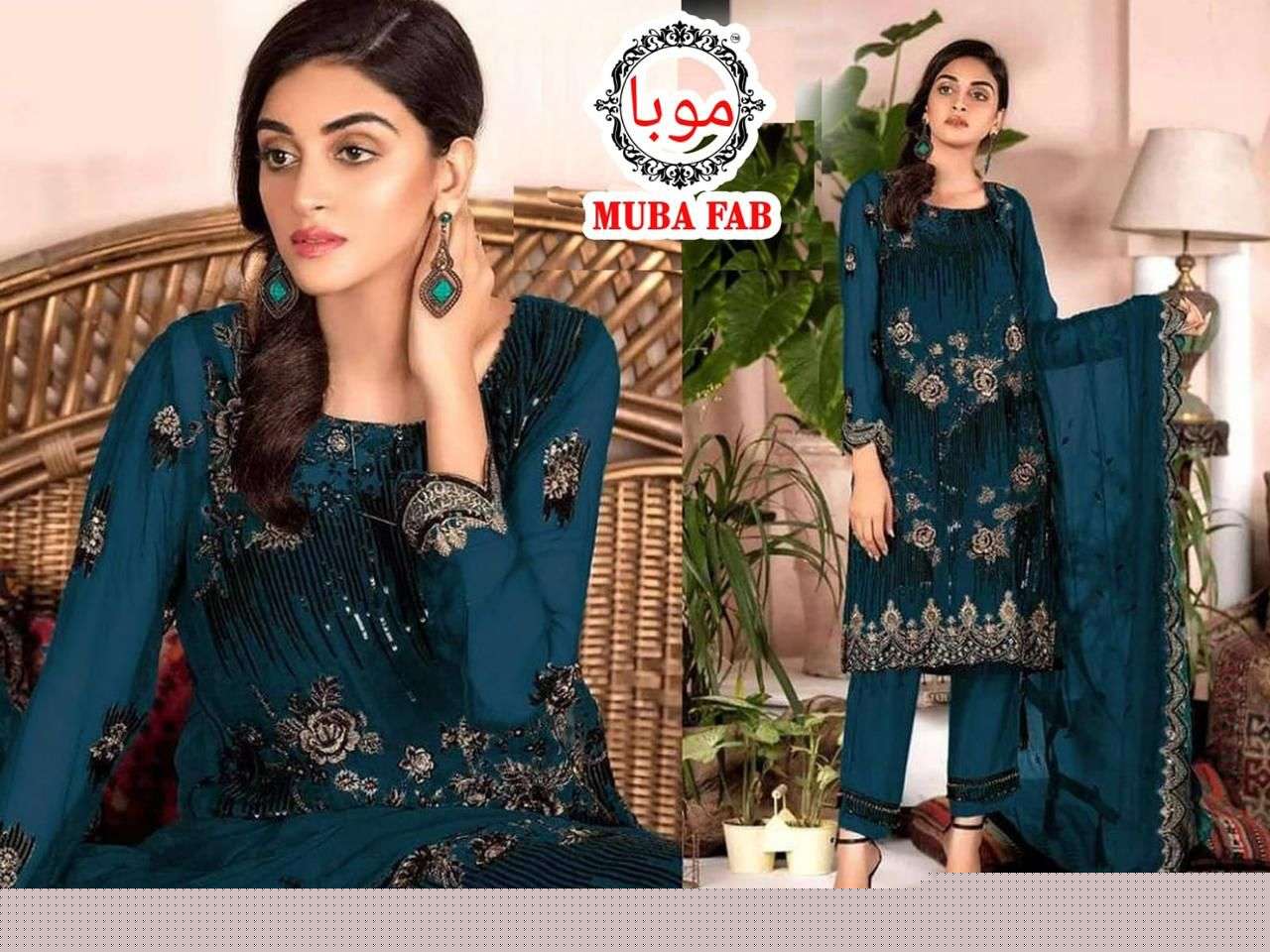 MUBA FAB 1001 COLOURS BY MUBA FAB 1001-A TO 1001-D SERIES DESIGNER PAKISTANI SUITS BEAUTIFUL STYLISH FANCY COLORFUL PARTY WEAR & OCCASIONAL WEAR FAUX GEORGETTE DRESSES AT WHOLESALE PRICE