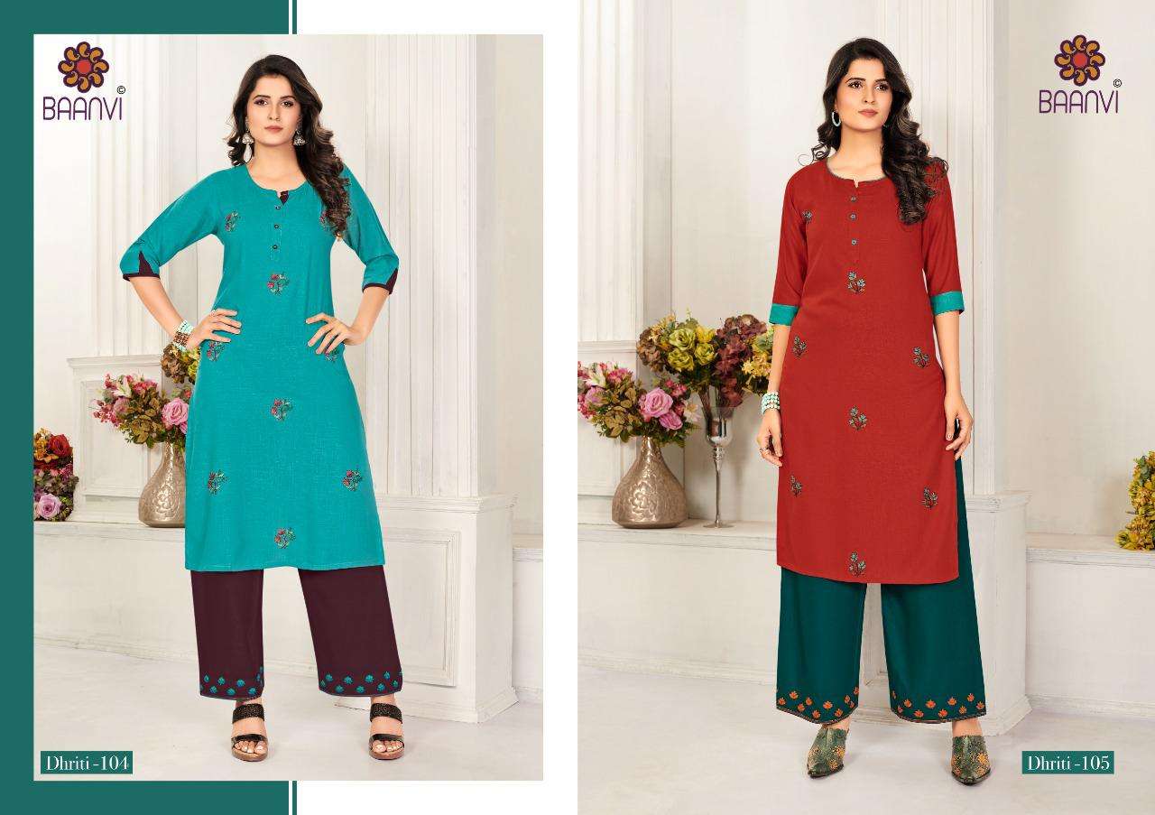 DHRITI BY BAANVI 101 TO 108 SERIES DESIGNER STYLISH FANCY COLORFUL BEAUTIFUL PARTY WEAR & ETHNIC WEAR COLLECTION RAYON SLUB EMBROIDERY KURTIS WITH BOTTOM AT WHOLESALE PRICE