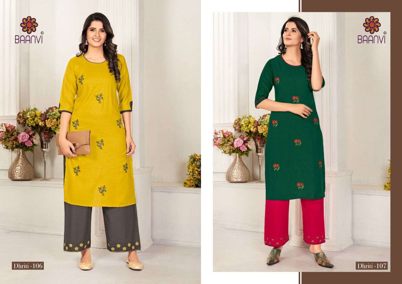 DHRITI BY BAANVI 101 TO 108 SERIES DESIGNER STYLISH FANCY COLORFUL BEAUTIFUL PARTY WEAR & ETHNIC WEAR COLLECTION RAYON SLUB EMBROIDERY KURTIS WITH BOTTOM AT WHOLESALE PRICE